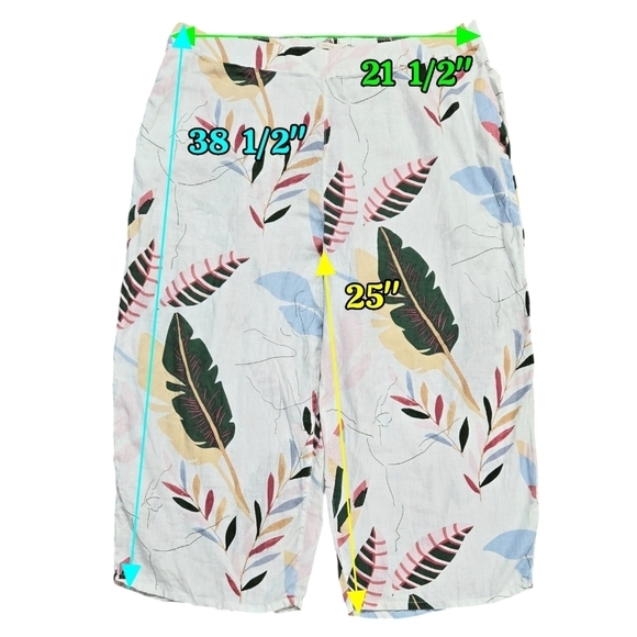 Cynthia Rowley 100% Linen White Tropical Leaf Pull On Wide Leg Pants Beachy - Picture 2 of 10